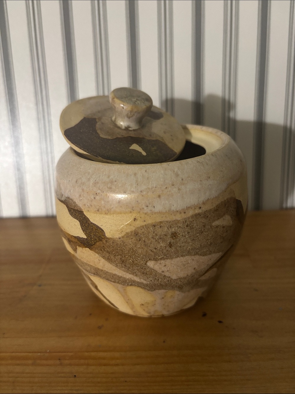 Handmade Ceramic Lidded Jar in Beige and Brown
